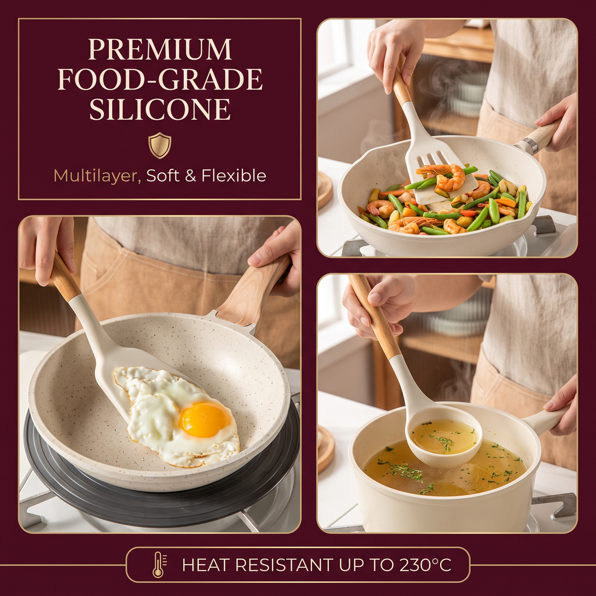 3-Piece Silicone Utensil Set with Wooden Handles