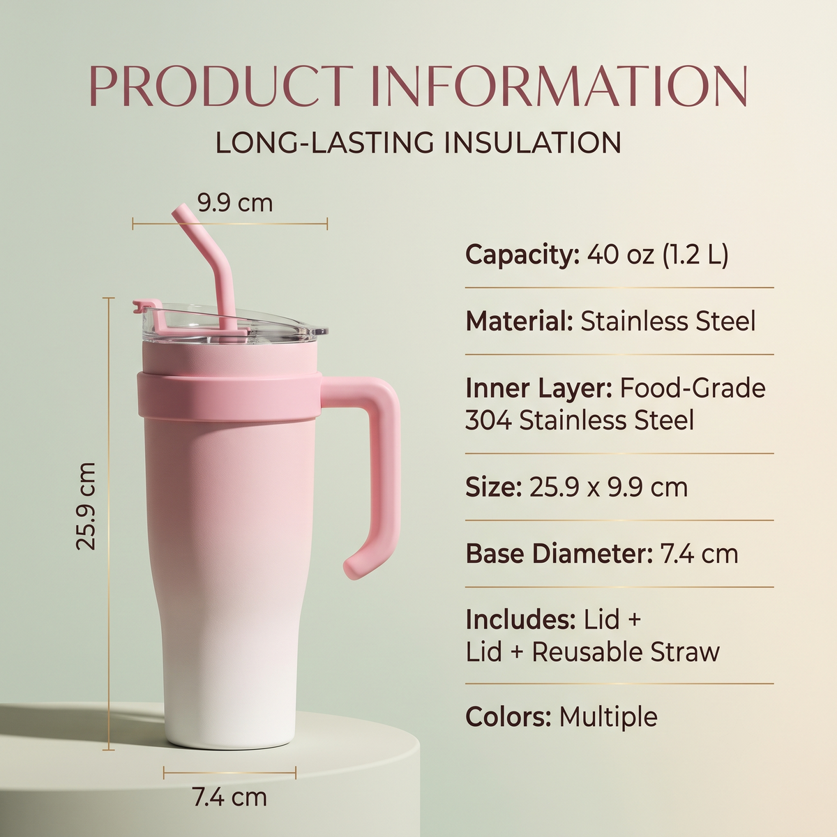 Pink 1200ML Insulated Tumbler with Straw & Handle