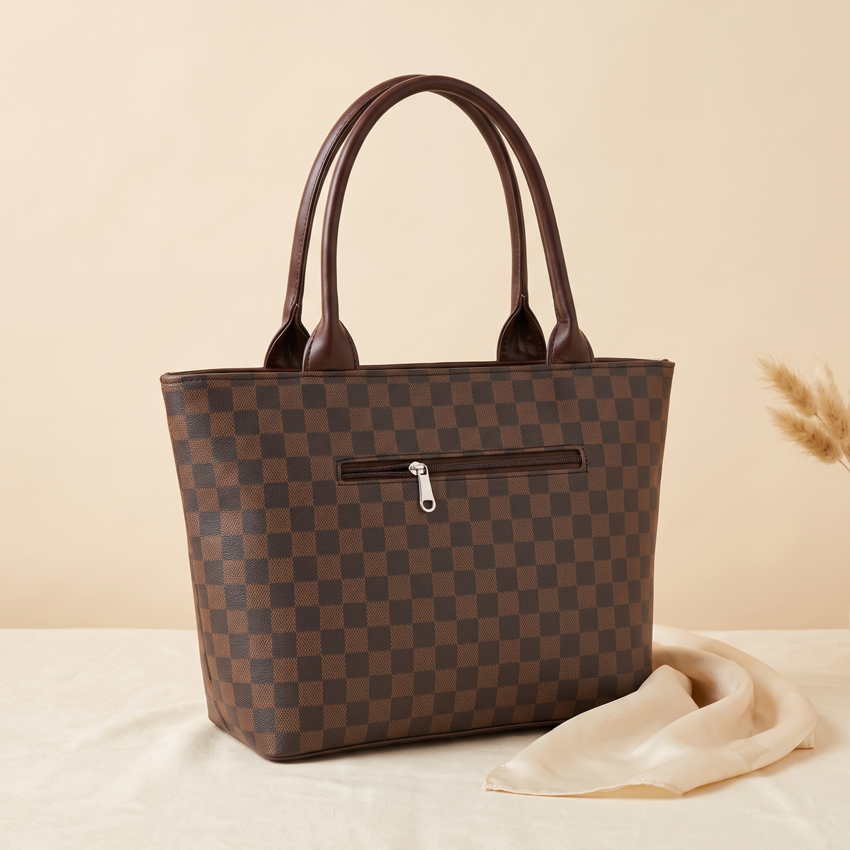 Brown Checkered Tote Handbag for Women