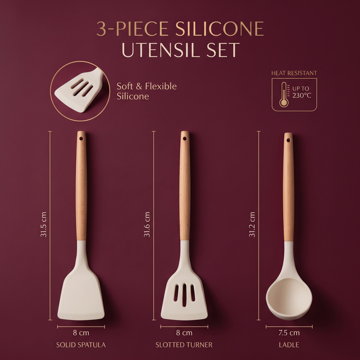 3-Piece Silicone Utensil Set with Wooden Handles
