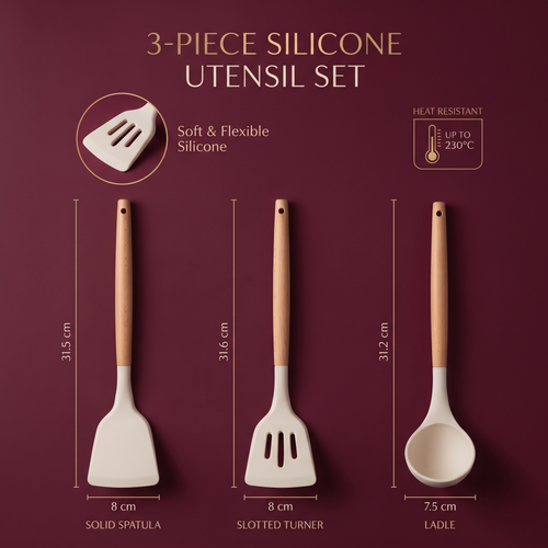 3-Piece Silicone Utensil Set with Wooden Handles