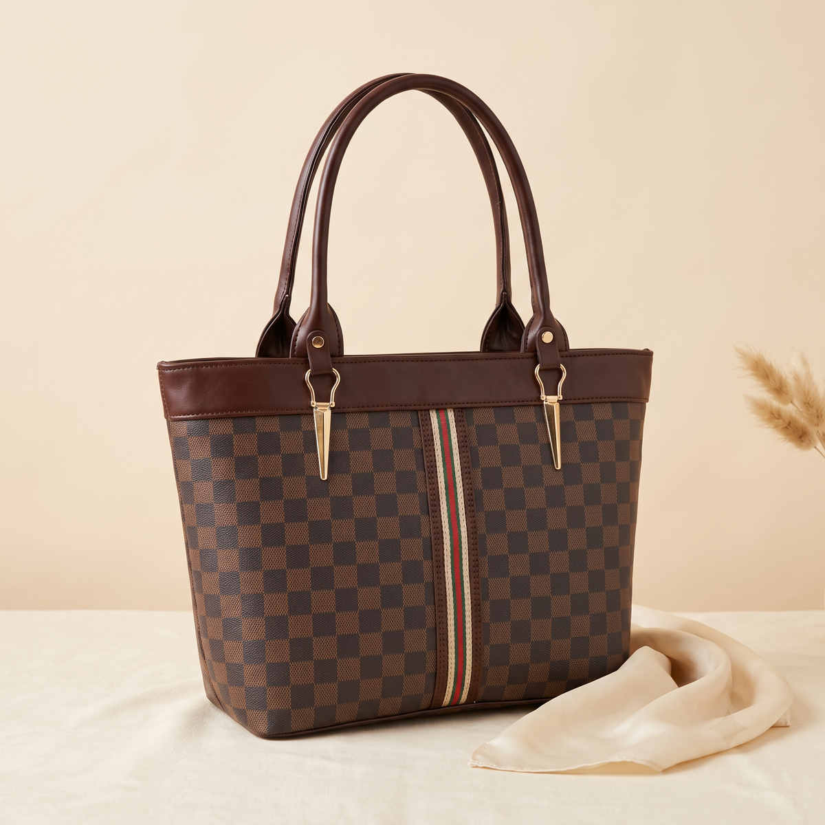 Brown Checkered Tote Handbag for Women