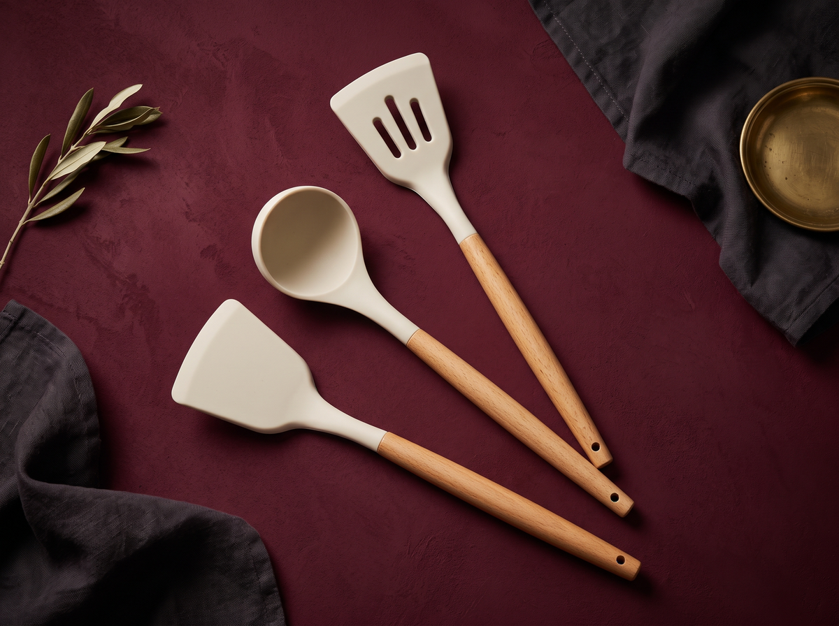 3-Piece Silicone Utensil Set with Wooden Handles