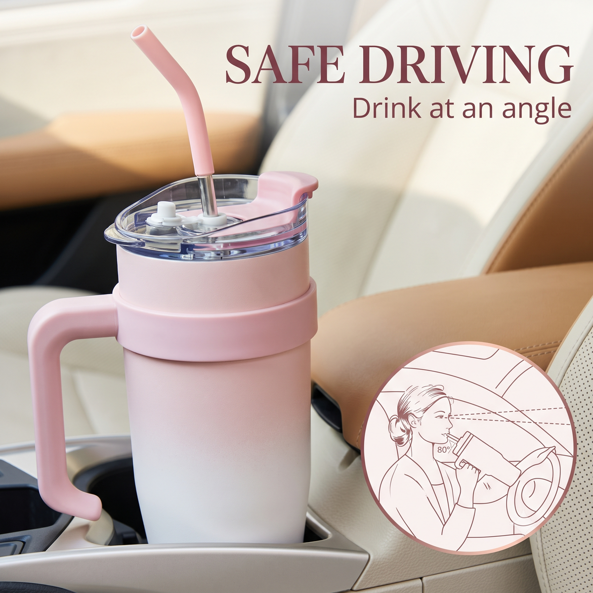 Pink 1200ML Insulated Tumbler with Straw & Handle
