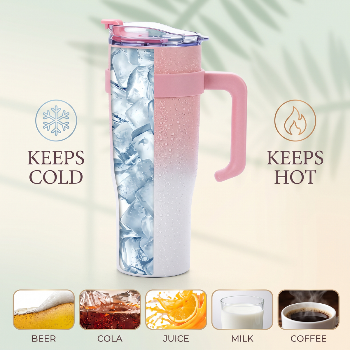 Pink 1200ML Insulated Tumbler with Straw & Handle