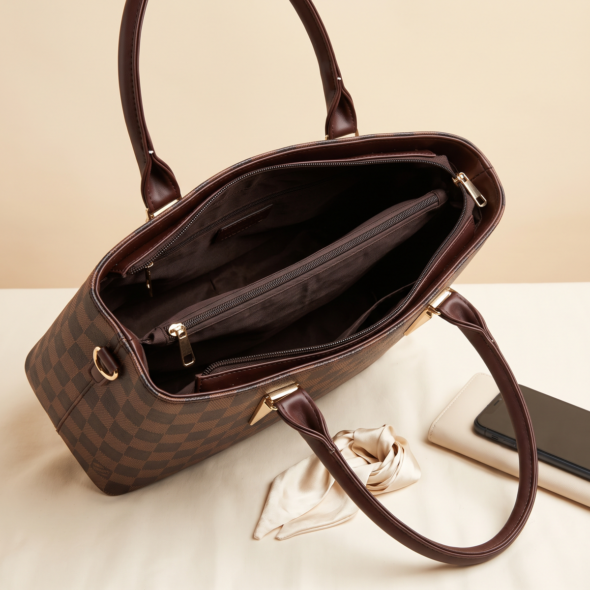 Brown Checkered Tote Handbag for Women